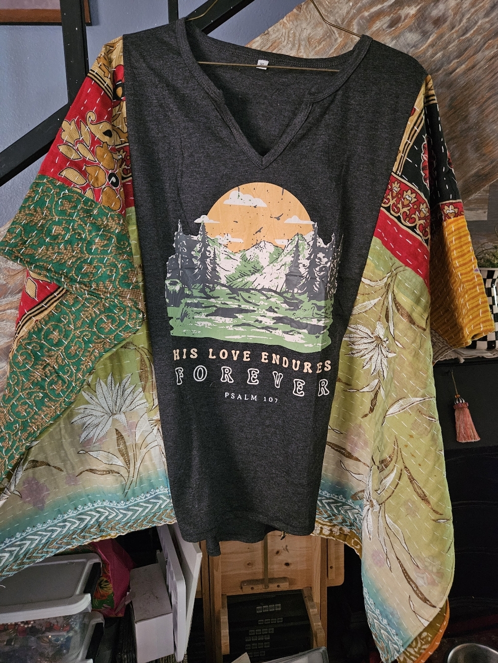 Faith V-Neck Tee with Kantha Sleeves - Psalm 107